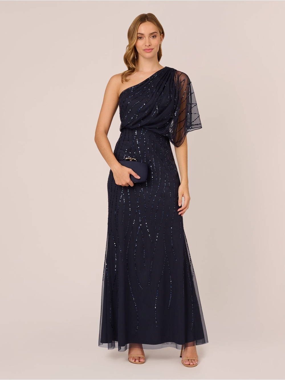 Adrianna Papell Navy One-Shoulder Sequin Maxi Dress